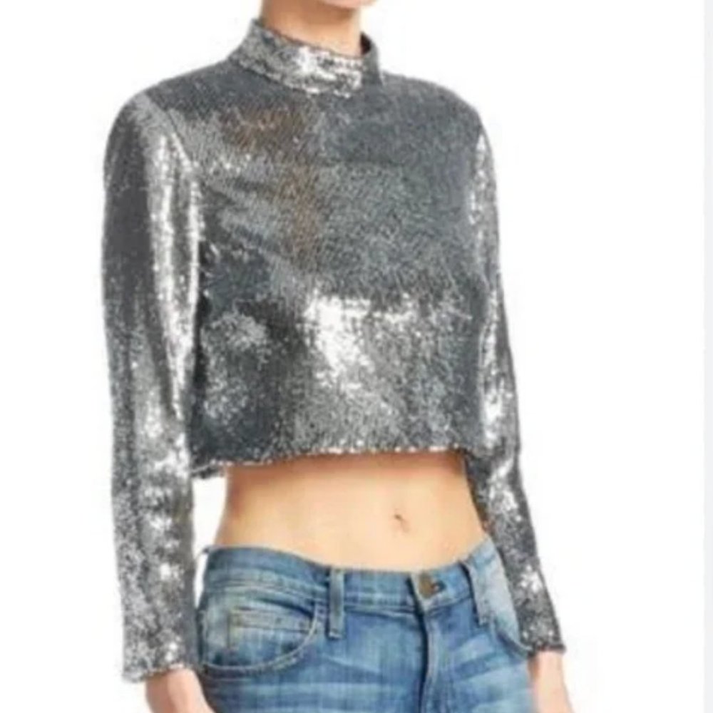 ALC silver sequin crop long sleeve top